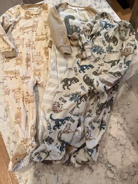 3-Pack Neutral Baby Footed Sleepers - Dino & Cow Prints